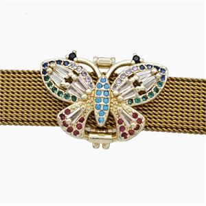 Copper Watchband Beads Pave Zirconia Butterfly Flat Hole Gold Plated, approx 15-22mm, 2-10mm hole [FN50449]