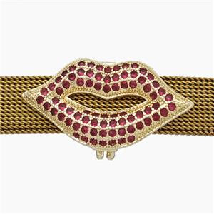 Copper Watchband Beads Pave Zirconia Lips Flat Hole Gold Plated, approx 15-28mm, 2-10mm hole [FN50455]