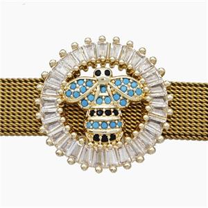 Copper Watchband Beads Pave Zirconia Honeybee Flat Hole Gold Plated, approx 22mm, 2-10mm hole [FN50457]