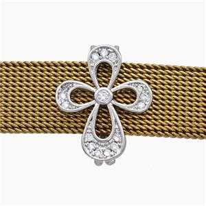 Copper Watchband Beads Pave Zirconia Cross Flower Flat Hole Platinum Plated, approx 13-16mm, 2-10mm hole [FN50472]