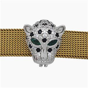 Copper Watchband Beads Pave Zirconia Panther-Head Flat Hole Platinum Plated, approx 13-16mm, 2-10mm hole [FN50474]