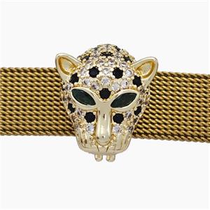 Copper Watchband Beads Pave Zirconia Panther-Head Flat Hole Gold Plated, approx 13-16mm, 2-10mm hole [FN50475]
