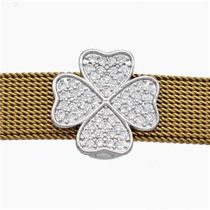 Copper Watchband Beads Pave Zirconia Heart Clover Flat Hole Platinum Plated, approx 16mm, 2-10mm hole [FN50484]