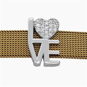 Copper Watchband Beads Pave Zirconia LOVE Heart Flat Hole Platinum Plated, approx 11-16mm, 2-10mm hole [FN50490]