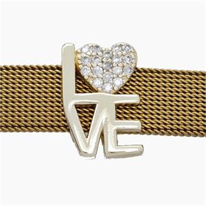 Copper Watchband Beads Pave Zirconia LOVE Heart Flat Hole Gold Plated, approx 11-16mm, 2-10mm hole [FN50491]