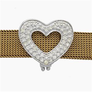 Copper Watchband Beads Pave Zirconia Heart Flat Hole Platinum Plated, approx 16-19mm, 2-10mm hole [FN50492]
