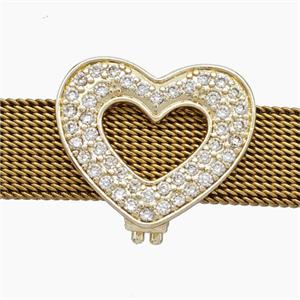 Copper Watchband Beads Pave Zirconia Heart Flat Hole Gold Plated, approx 16-19mm, 2-10mm hole [FN50493]