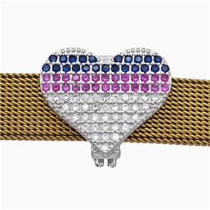 Copper Watchband Beads Pave Zirconia Heart Flat Hole Platinum Plated, approx 16-19mm, 2-10mm hole [FN50496]