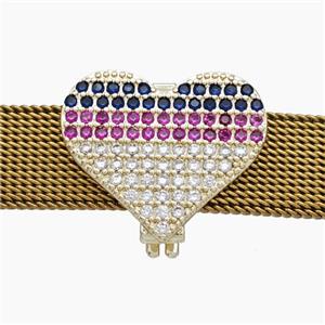 Copper Watchband Beads Pave Zirconia Heart Flat Hole Gold Plated, approx 16-19mm, 2-10mm hole [FN50497]