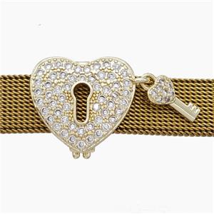 Copper Watchband Beads Pave Zirconia Key-Lock Flat Hole Gold Plated, approx 16-18mm, 5-10mm, 2-10mm hole [FN50503]