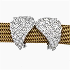 Copper Watchband Beads Pave Zirconia Angel Wings Flat Hole Platinum Plated, approx 13-15mm, 2-10mm hole [FN50519]