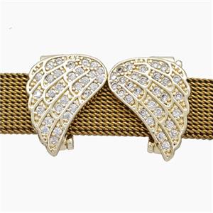 Copper Watchband Beads Pave Zirconia Angel Wings Flat Hole Gold Plated, approx 13-15mm, 2-10mm hole [FN50520]