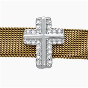 Copper Watchband Beads Pave Zirconia Cross Flat Hole Platinum Plated, approx 13-16mm, 2-10mm hole [FN50521]