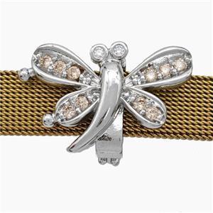 Copper Watchband Beads Pave Zirconia Dragonfly Flat Hole Platinum Plated, approx 16-25mm, 2-10mm hole [FN50527]