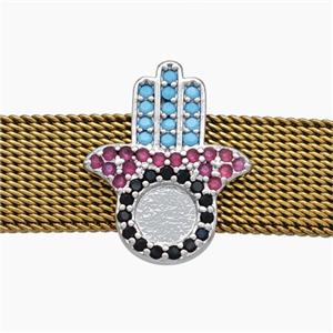 Copper Watchband Beads Pave Zirconia Hamsahand Flat Hole Platinum Plated, approx 14-16mm, 2-10mm hole [FN50542]
