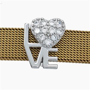 Copper Watchband Beads Pave Zirconia Heart LOVE Flat Hole Platinum Plated, approx 12-15mm, 2-10mm hole [FN50546]