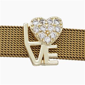 Copper Watchband Beads Pave Zirconia Heart LOVE Flat Hole Gold Plated, approx 12-15mm, 2-10mm hole [FN50547]