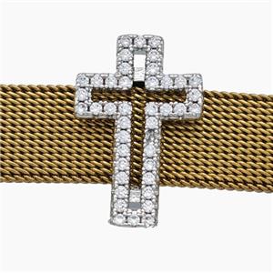 Copper Watchband Beads Pave Zirconia Cross Flat Hole Platinum Plated, approx 13-19mm, 2-10mm hole [FN50548]