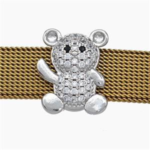 Copper Watchband Beads Pave Zirconia Bear Flat Hole Platinum Plated, approx 14-16mm, 2-10mm hole [FN50554]
