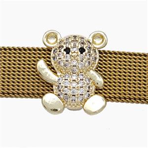 Copper Watchband Beads Pave Zirconia Bear Flat Hole Gold Plated, approx 14-16mm, 2-10mm hole [FN50555]