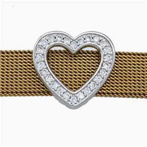 Copper Watchband Beads Pave Zirconia Heart Flat Hole Platinum Plated, approx 16-18mm, 2-10mm hole [FN50562]
