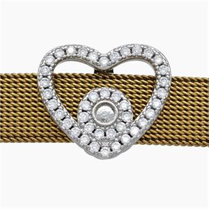 Copper Watchband Beads Pave Zirconia Heart Flat Hole Platinum Plated, approx 16-19mm, 2-10mm hole [FN50570]