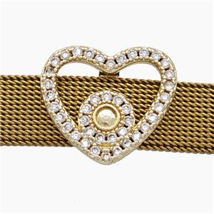 Copper Watchband Beads Pave Zirconia Heart Flat Hole Gold Plated, approx 16-19mm, 2-10mm hole [FN50571]