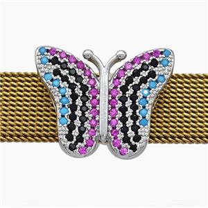 Copper Watchband Beads Pave Zirconia Butterfly Flat Hole Platinum Plated, approx 14-18mm, 2-10mm hole [FN50576]