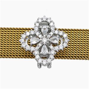 Copper Watchband Beads Pave Zirconia Clover Flat Hole Platinum Plated, approx 15mm, 2-10mm hole [FN50594]
