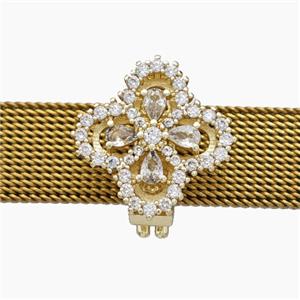 Copper Watchband Beads Pave Zirconia Clover Flat Hole Gold Plated, approx 15mm, 2-10mm hole [FN50595]