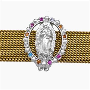 Copper Watchband Beads Pave Zirconia Virgin Mary Flat Hole Platinum Plated, approx 14-16mm, 2-10mm hole [FN50596]