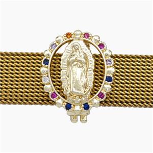 Copper Watchband Beads Pave Zirconia Virgin Mary Flat Hole Gold Plated, approx 14-16mm, 2-10mm hole [FN50597]