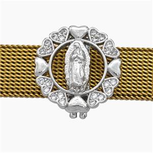 Copper Watchband Beads Pave Zirconia Virgin Mary Flat Hole Platinum Plated, approx 16mm, 2-10mm hole [FN50598]
