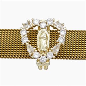 Copper Watchband Beads Pave Zirconia Virgin Mary Flat Hole Gold Plated, approx 16mm, 2-10mm hole [FN50601]