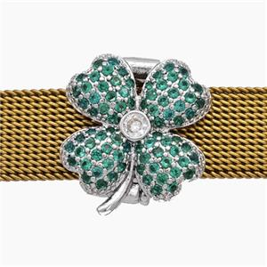 Copper Watchband Beads Pave Zirconia Clover Flat Hole Platinum Plated, approx 16-17mm, 2-10mm hole [FN50606]