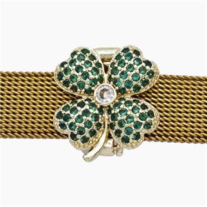 Copper Watchband Beads Pave Zirconia Clover Flat Hole Gold Plated, approx 16-17mm, 2-10mm hole [FN50607]