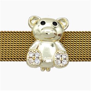 Copper Watchband Beads Pave Zirconia Bear Flat Hole Gold Plated, approx 13-16mm, 2-10mm hole [FN50609]