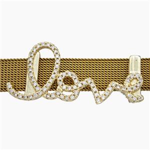 Copper Watchband Beads Pave Zirconia Love Flat Hole Gold Plated, approx 18-40mm, 2-10mm hole [FN50621]