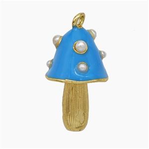 Copper Mushroom Pendant Pave Pearlize Resin Blue Enamel Gold Plated, approx 12-20mm [FN50652]