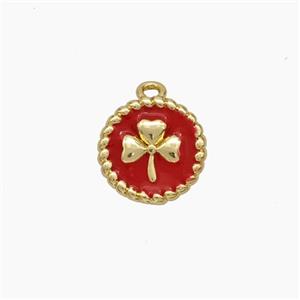 Copper Circle Pendant Red Enamel Clover Gold Plated, approx 10mm [FN50659]