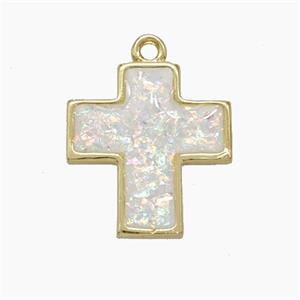 Copper Cross Pendant Pave White FireOpal Gold Plated, approx 16-17mm [FN50674]