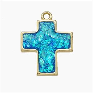 Copper Cross Pendant Pave Blue FireOpal Gold Plated, approx 16-17mm [FN50675]