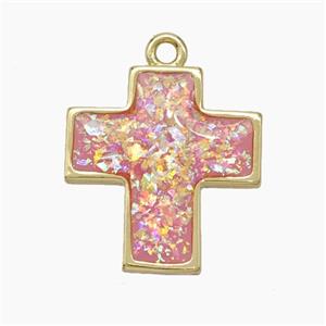 Copper Cross Pendant Pave Pink FireOpal Gold Plated, approx 16-17mm [FN50676]