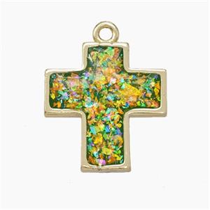 Copper Cross Pendant Pave Green FireOpal Gold Plated, approx 16-17mm [FN50677]
