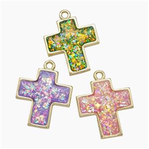 Copper Cross Pendant Pave FireOpal Gold Plated Mixed, approx 16-17mm [FN50679]