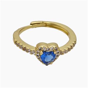 Copper Heart Rings Pave Zirconia Blue Adjustable Gold Plated, approx 8mm, 18mm dia [FN50682]