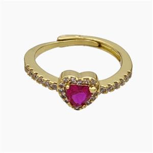 Copper Heart Rings Pave Zirconia Fuchsia Adjustable Gold Plated, approx 8mm, 18mm dia [FN50683]