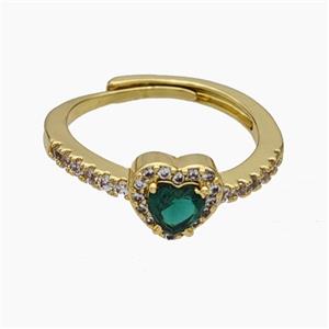 Copper Heart Rings Pave Zirconia Green Adjustable Gold Plated, approx 8mm, 18mm dia [FN50684]