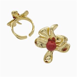 Copper Flower Rings Pave Pearlized Resin Red Gold Plated, approx 22-25mm, 18mm dia [FN50689]