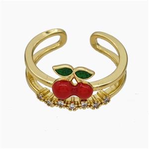 Copper Cherry Rings Pave Zirconia Red Enamel Gold Plated, approx 8-10mm, 18mm dia [FN50695]